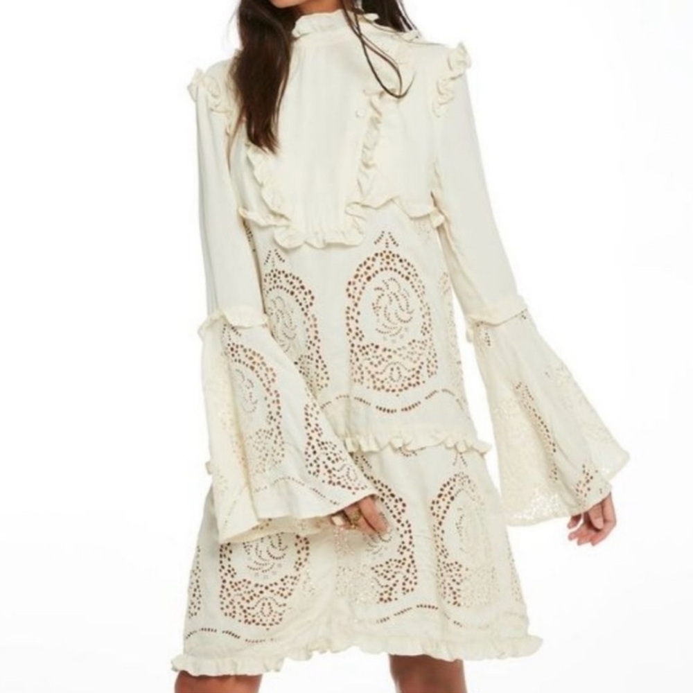 SCOTCH & SODA Broderie Anglaise High Neck Flare Sleeve Ruffle